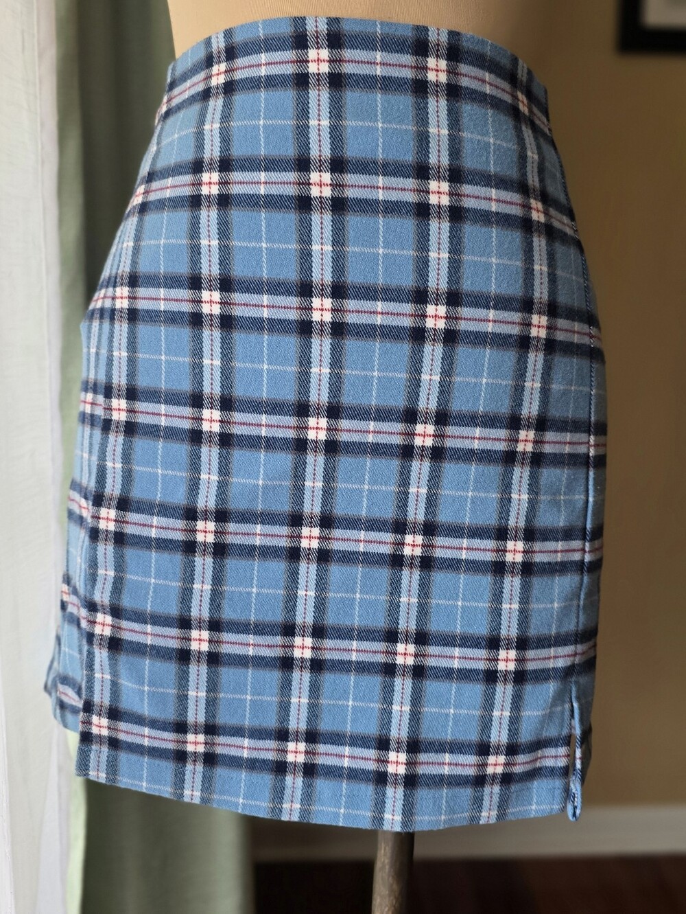 Blue‎ Plaid Mini Skirt High Waist Side Slit Preppy Academia Brandy Melville XS